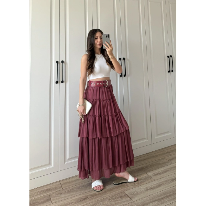 Katlı Boho Vual Kemerli Bordo Etek