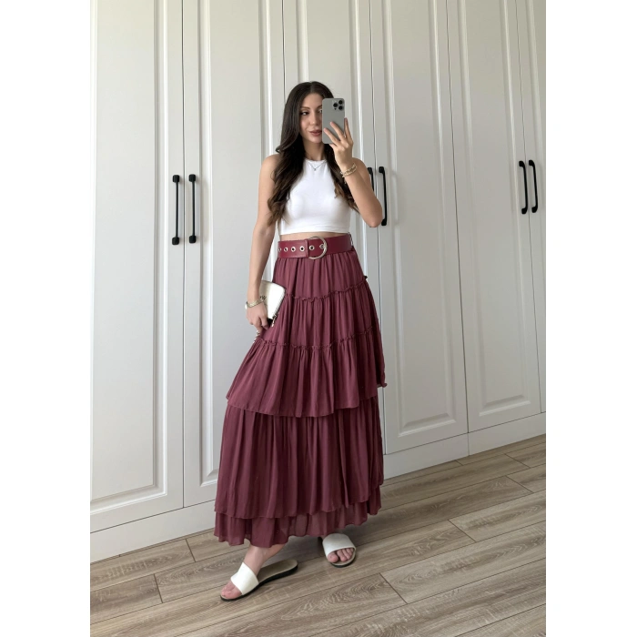 Katlı Boho Vual Kemerli Bordo Etek