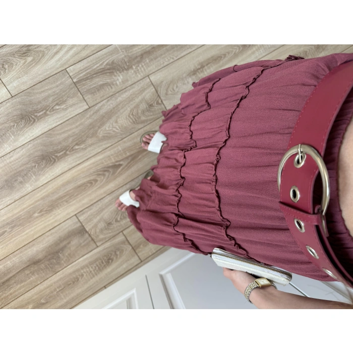 Katlı Boho Vual Kemerli Bordo Etek