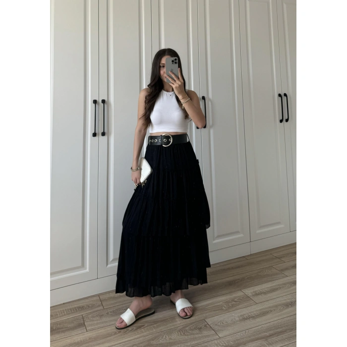 Katlı Boho Vual Kemerli Siyah Etek