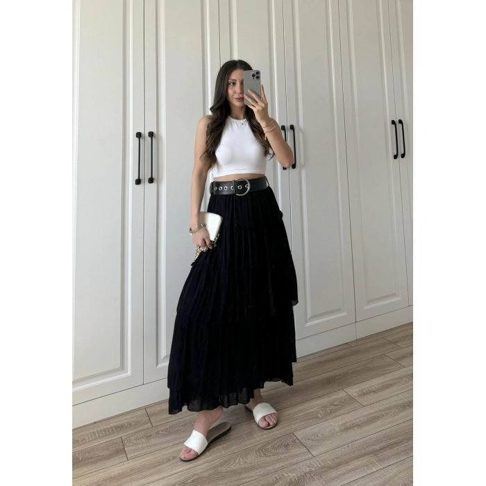 Katlı Boho Vual Kemerli Siyah Etek