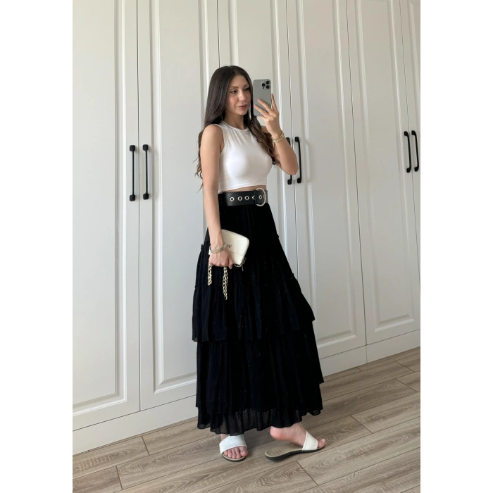 Katlı Boho Vual Kemerli Siyah Etek