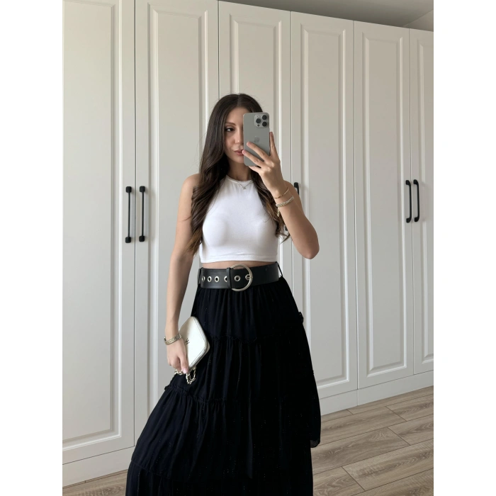 Katlı Boho Vual Kemerli Siyah Etek