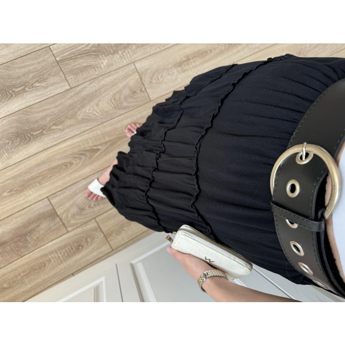 Katlı Boho Vual Kemerli Siyah Etek