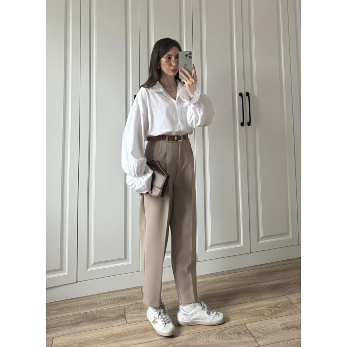 Kemerli Vizon Havuç Kumaş Pantolon