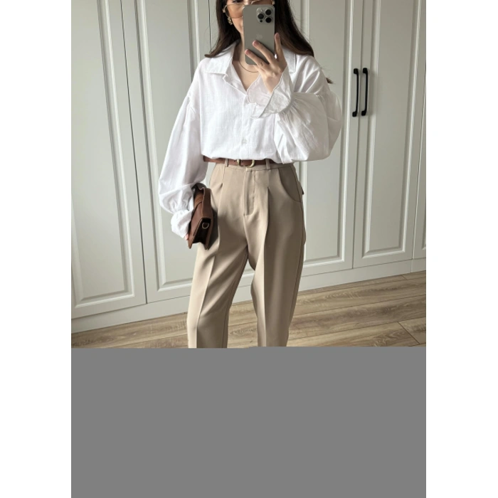 Kemerli Vizon Havuç Kumaş Pantolon