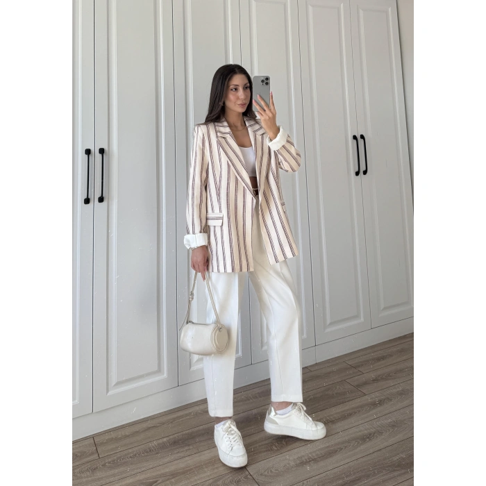Keten Astarlı Bordo Çizgili Blazer Ceket