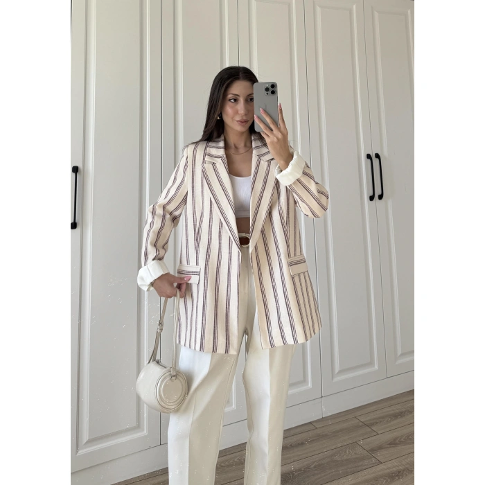 Keten Astarlı Bordo Çizgili Blazer Ceket