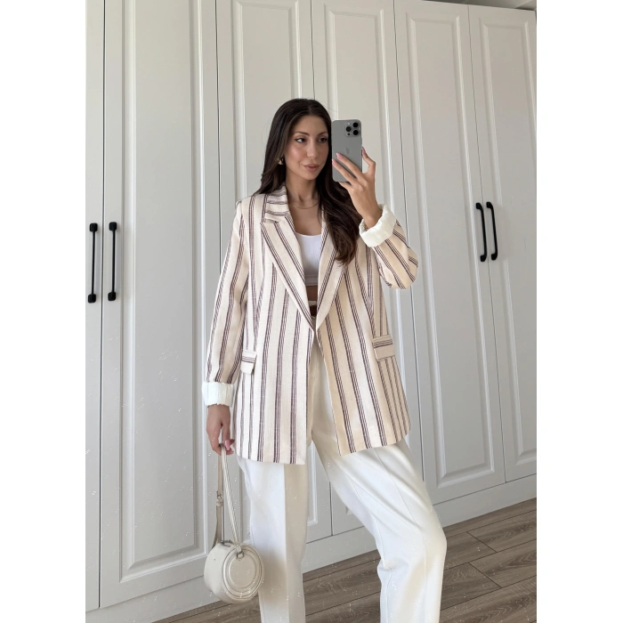 Keten Astarlı Bordo Çizgili Blazer Ceket