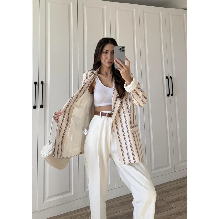Keten Astarlı Bordo Çizgili Blazer Ceket