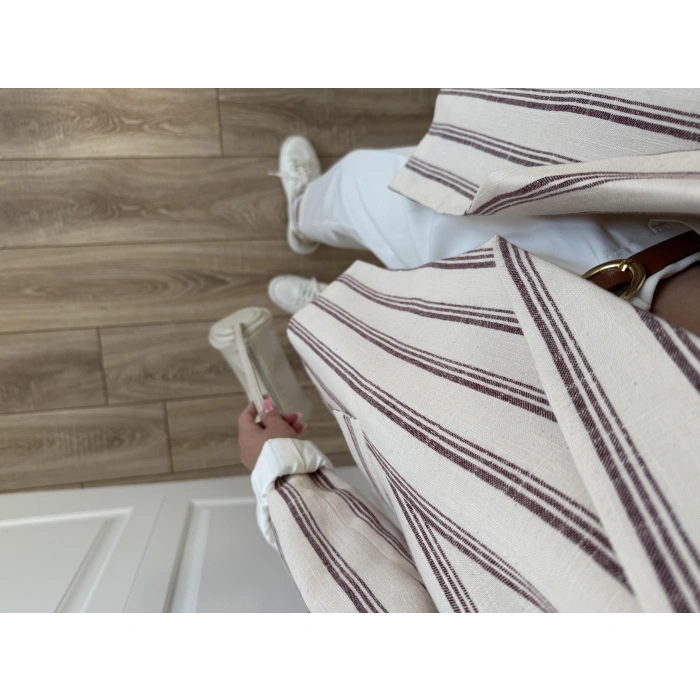 Keten Astarlı Bordo Çizgili Blazer Ceket