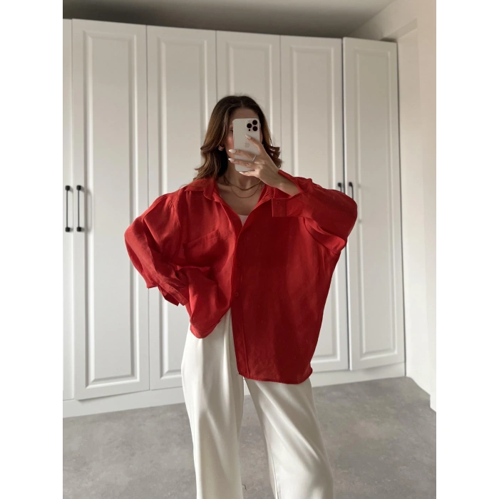 Kırmızı Oversize Tensel Gömlek