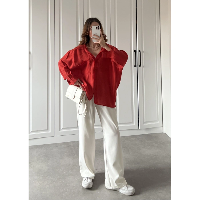 Kırmızı Oversize Tensel Gömlek