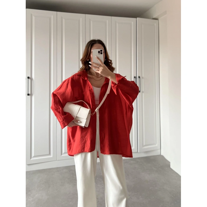 Kırmızı Oversize Tensel Gömlek