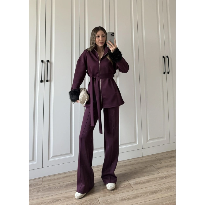 Kolları Kürk Detaylı Bordo Spor Takım