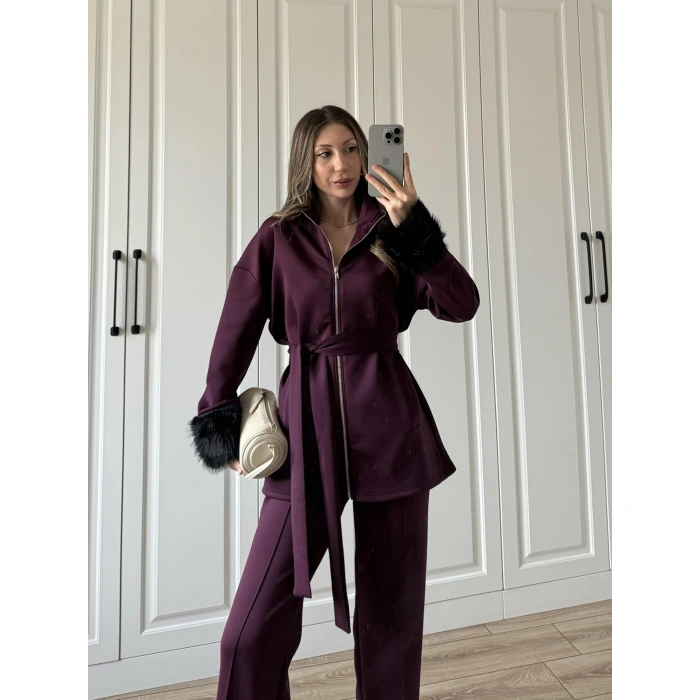 Kolları Kürk Detaylı Bordo Spor Takım