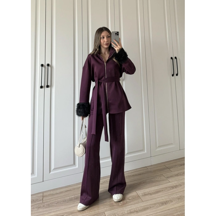 Kolları Kürk Detaylı Bordo Spor Takım