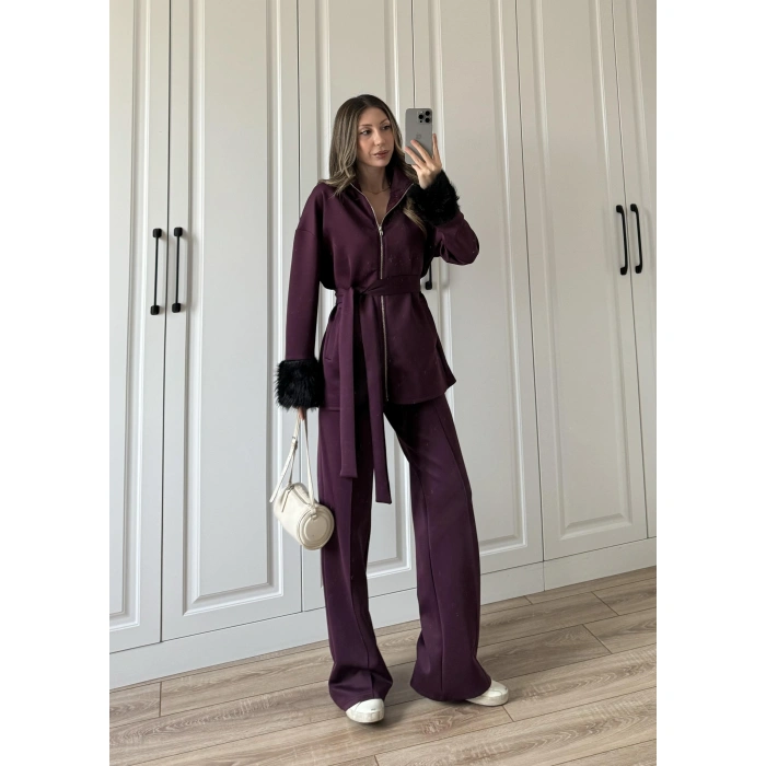 Kolları Kürk Detaylı Bordo Spor Takım