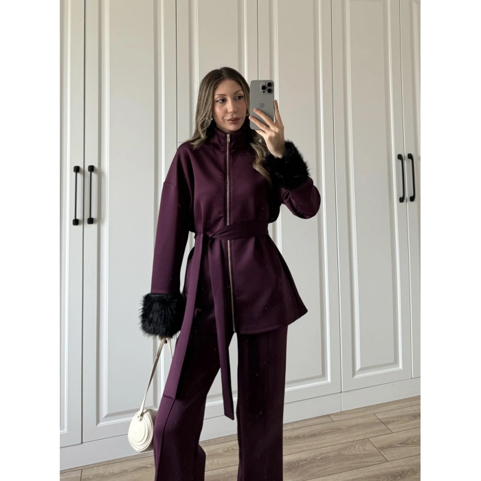 Kolları Kürk Detaylı Bordo Spor Takım