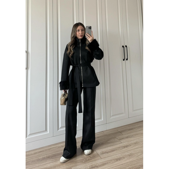 Kolları Kürk Detaylı Siyah Spor Takım