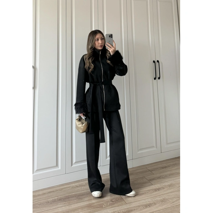 Kolları Kürk Detaylı Siyah Spor Takım