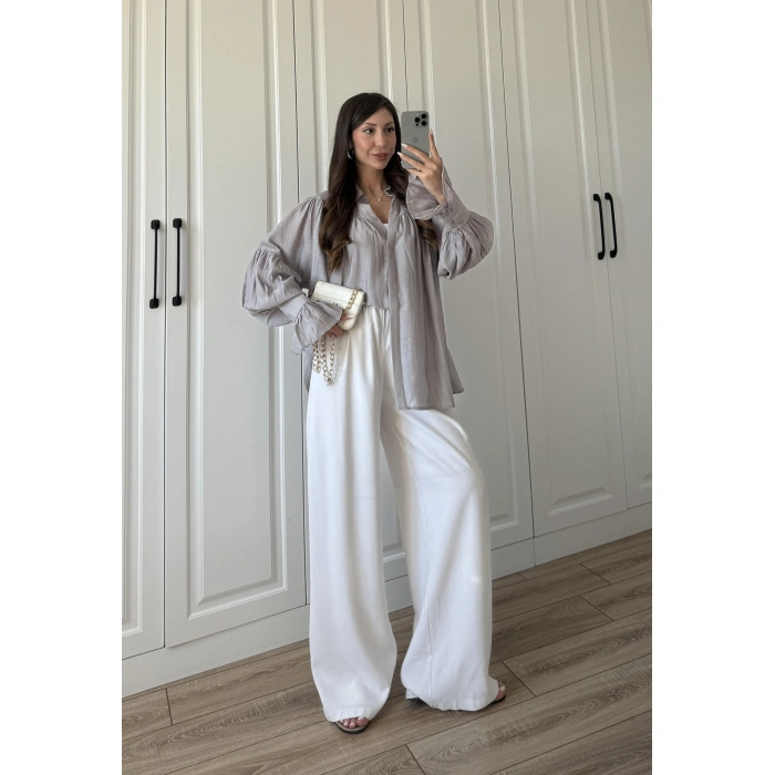 Kolları Volanlı Pinterest Viral Gri  Gömlek