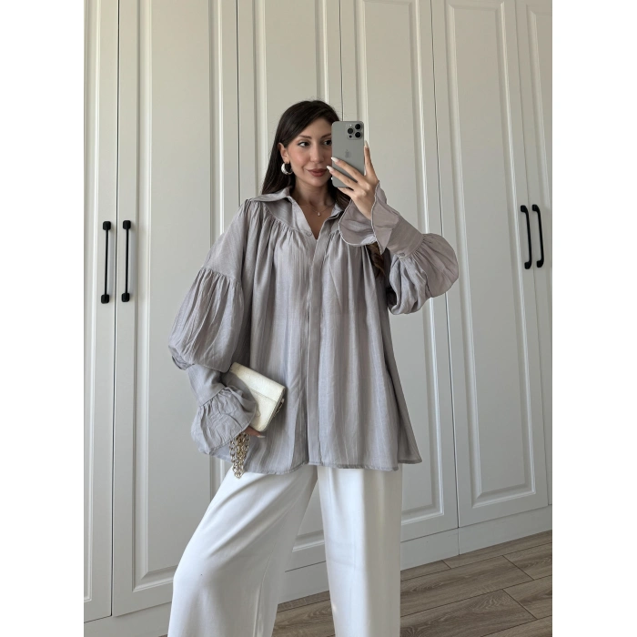 Kolları Volanlı Pinterest Viral Gri  Gömlek