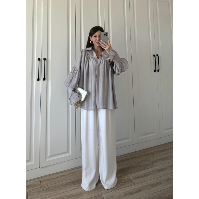 Kolları Volanlı Pinterest Viral Gri  Gömlek