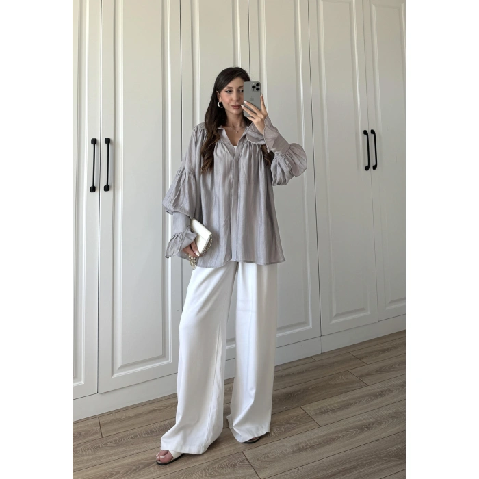 Kolları Volanlı Pinterest Viral Gri  Gömlek