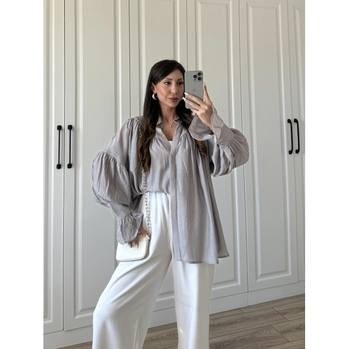 Kolları Volanlı Pinterest Viral Gri  Gömlek