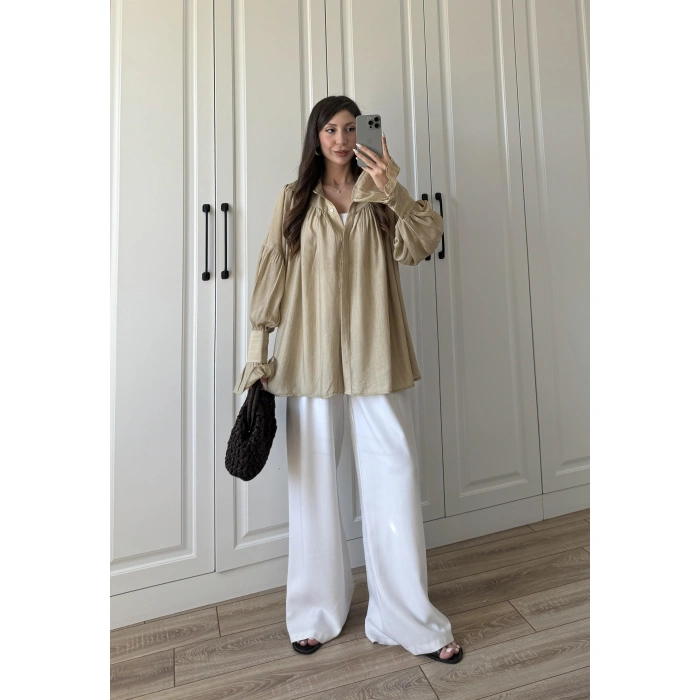 Kolları Volanlı Pinterest Viral Koyu Taş Gömlek