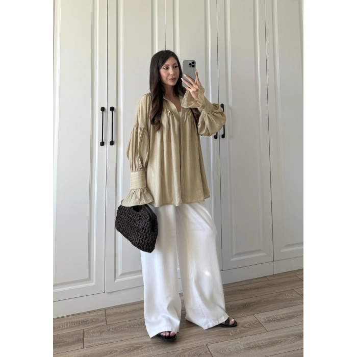 Kolları Volanlı Pinterest Viral Koyu Taş Gömlek