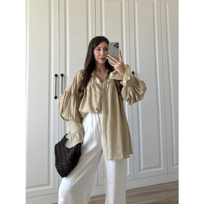 Kolları Volanlı Pinterest Viral Koyu Taş Gömlek