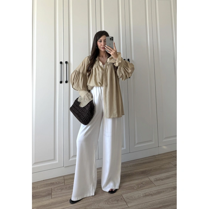 Kolları Volanlı Pinterest Viral Koyu Taş Gömlek