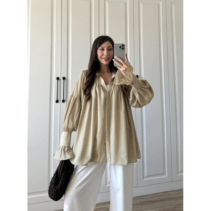 Kolları Volanlı Pinterest Viral Koyu Taş Gömlek