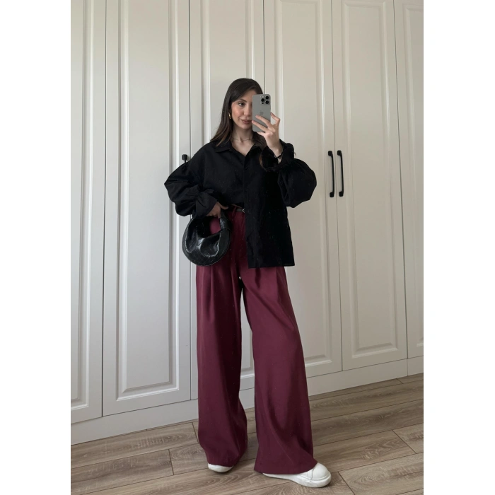 Kolu Volanlı Siyah Keten Gömlek