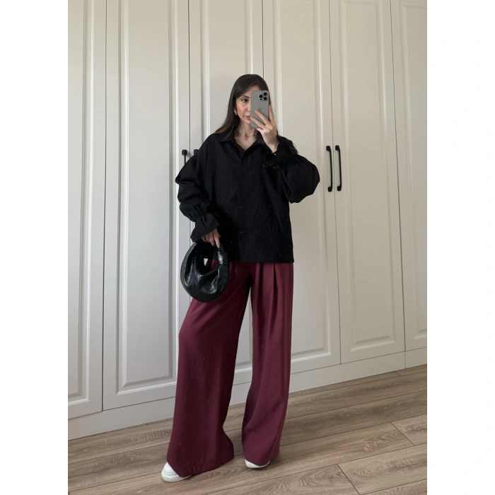 Kolu Volanlı Siyah Keten Gömlek