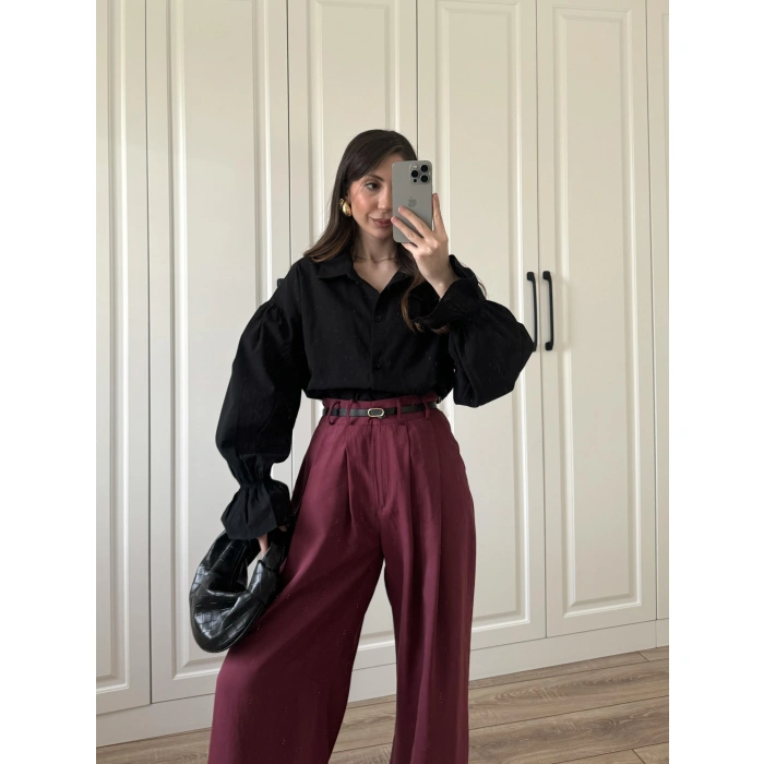 Kolu Volanlı Siyah Keten Gömlek