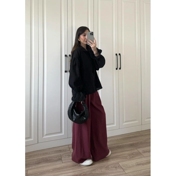 Kolu Volanlı Siyah Keten Gömlek