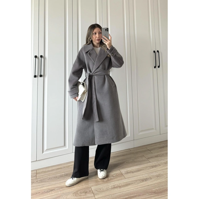 Kuşaklı Premium İthal Gri Yün Kaban