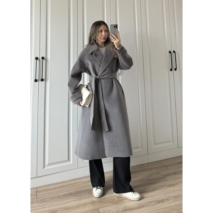 Kuşaklı Premium İthal Gri Yün Kaban