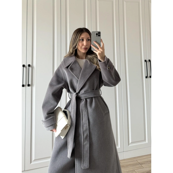 Kuşaklı Premium İthal Gri Yün Kaban