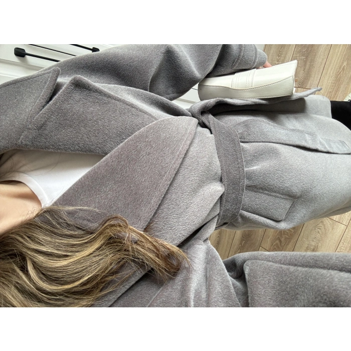 Kuşaklı Premium İthal Gri Yün Kaban