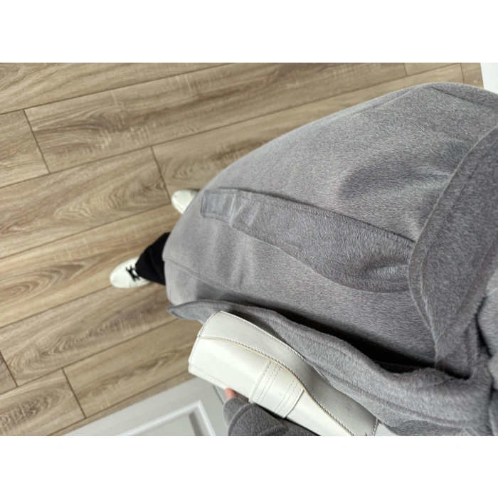 Kuşaklı Premium İthal Gri Yün Kaban