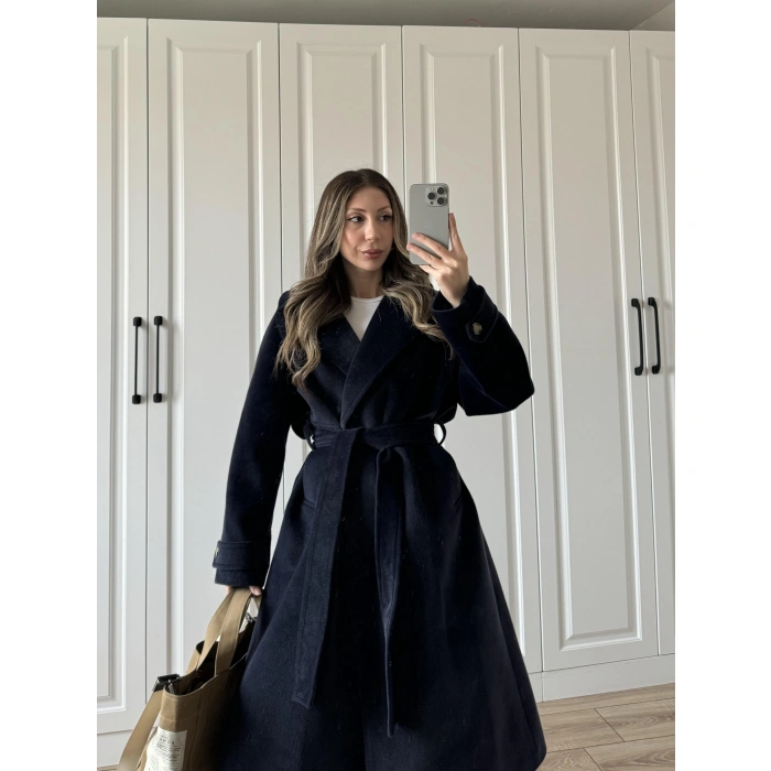 Kuşaklı Premium İthal Lacivert Yün Kaban