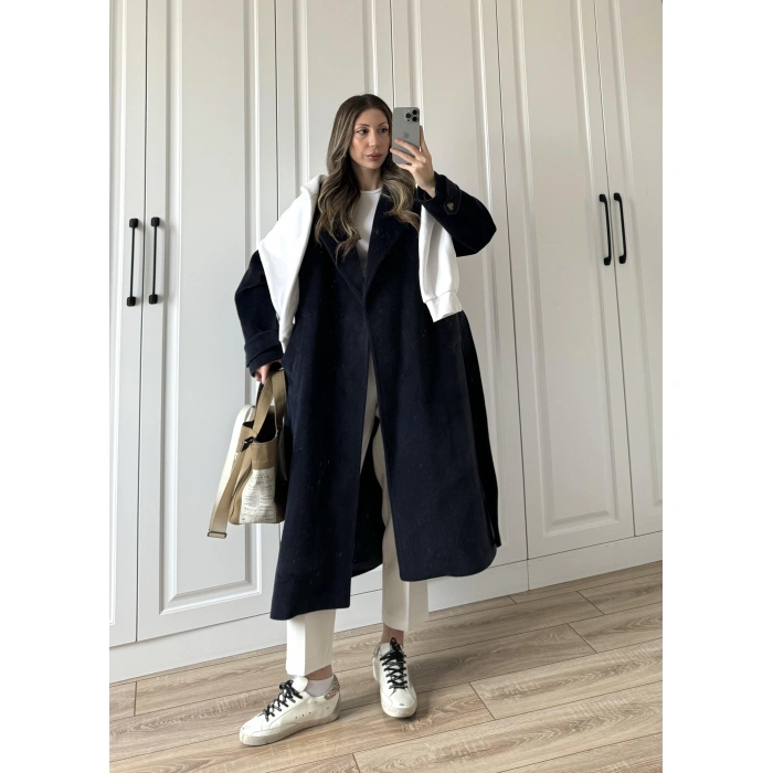 Kuşaklı Premium İthal Lacivert Yün Kaban