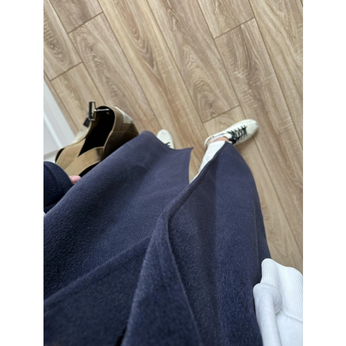 Kuşaklı Premium İthal Lacivert Yün Kaban