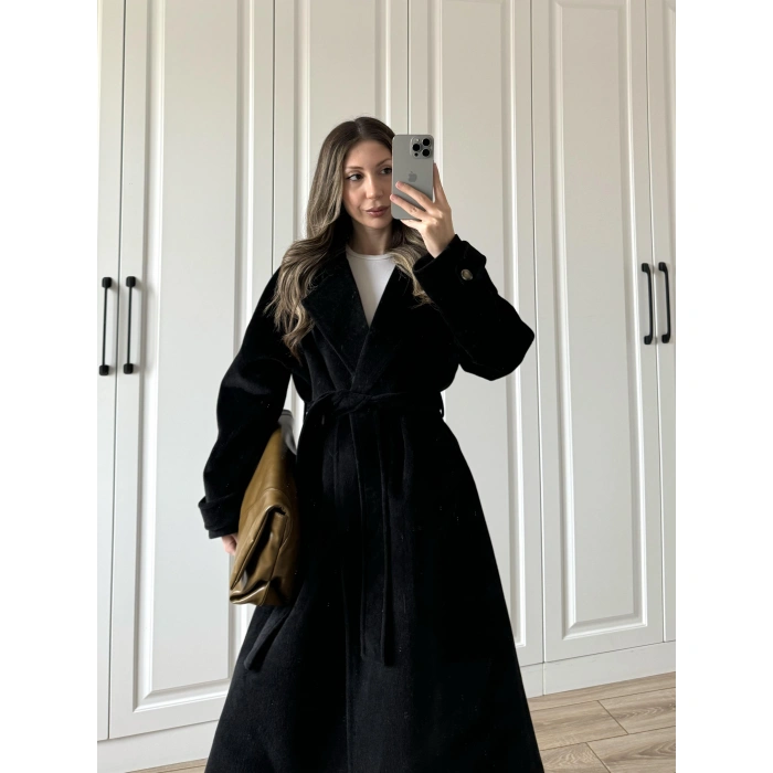 Kuşaklı Premium İthal Siyah Yün Kaban