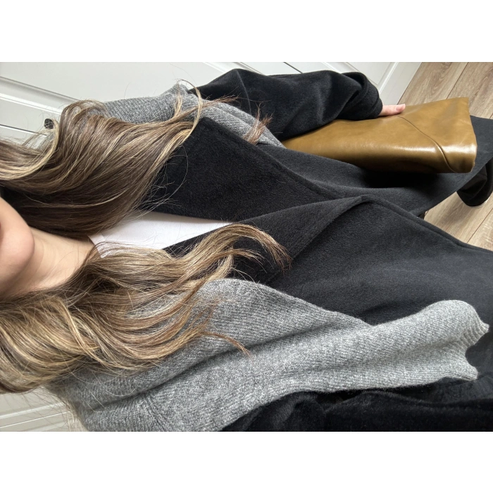 Kuşaklı Premium İthal Siyah Yün Kaban