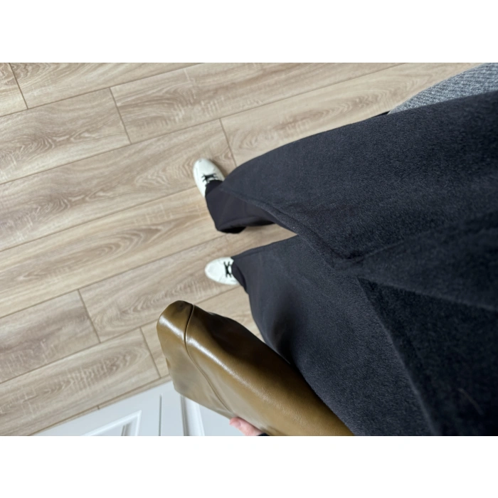 Kuşaklı Premium İthal Siyah Yün Kaban